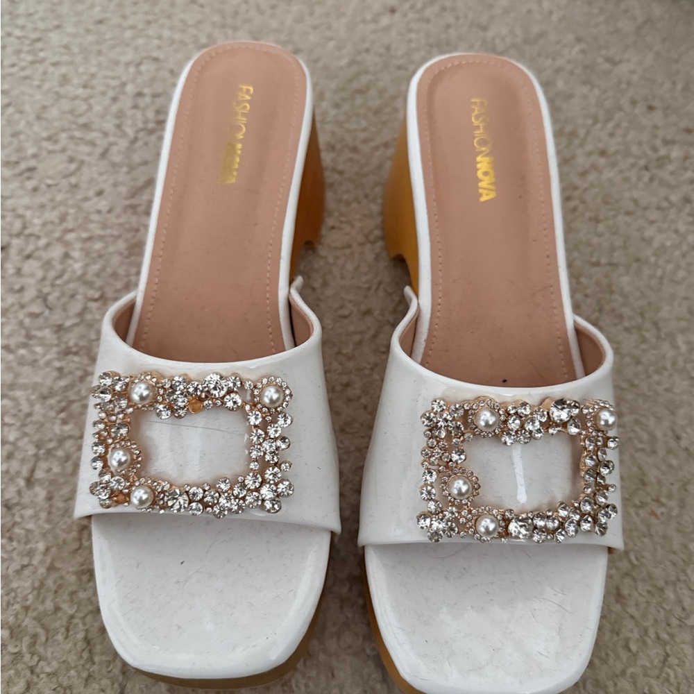 Fashion Nova White Mules with Embellished Buckle